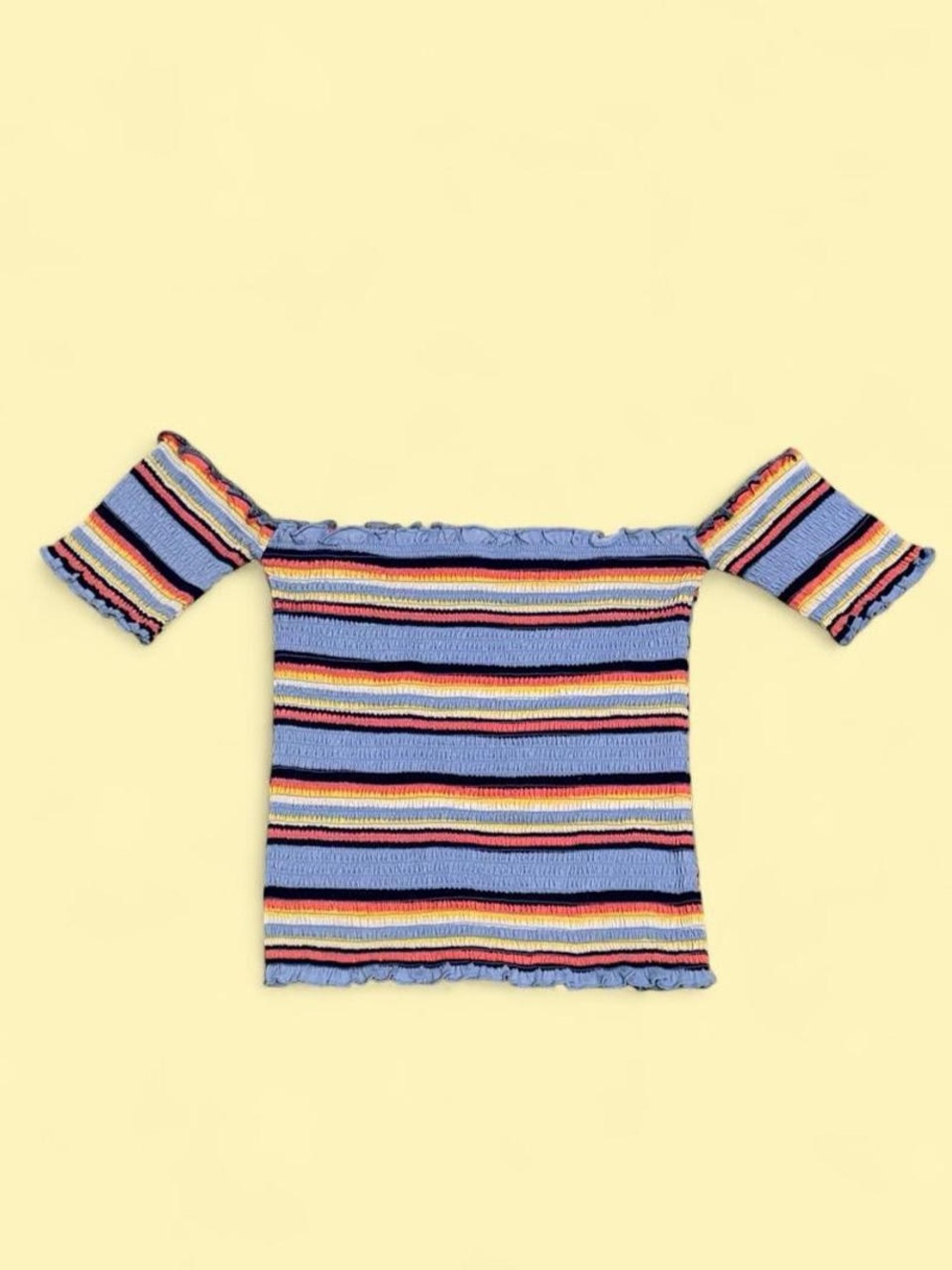 Crave Fame Blue Multicolor Striped Off-Shoulder Crop Top